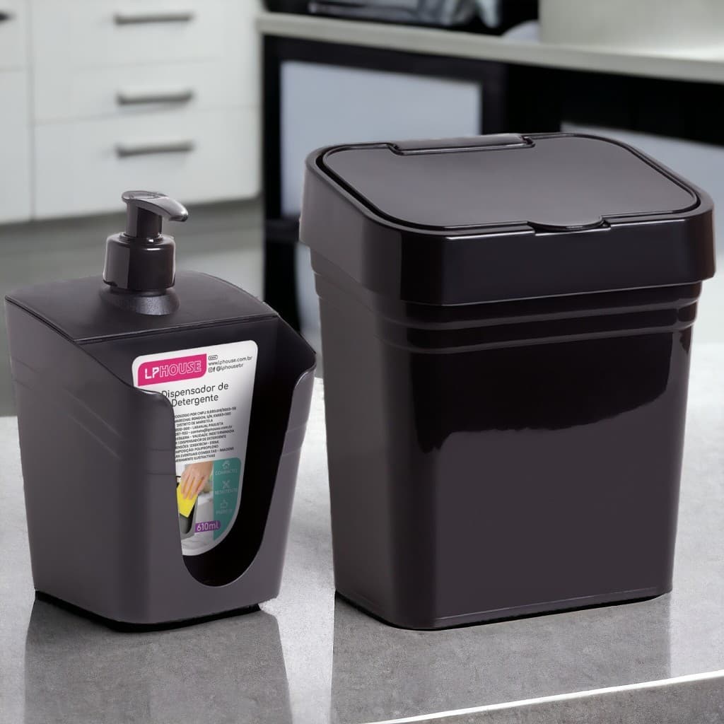 Kit Lixeira de Pia 2,8 L com Tampa e Porta Detergente Plástico Dispenser para Cozinha
