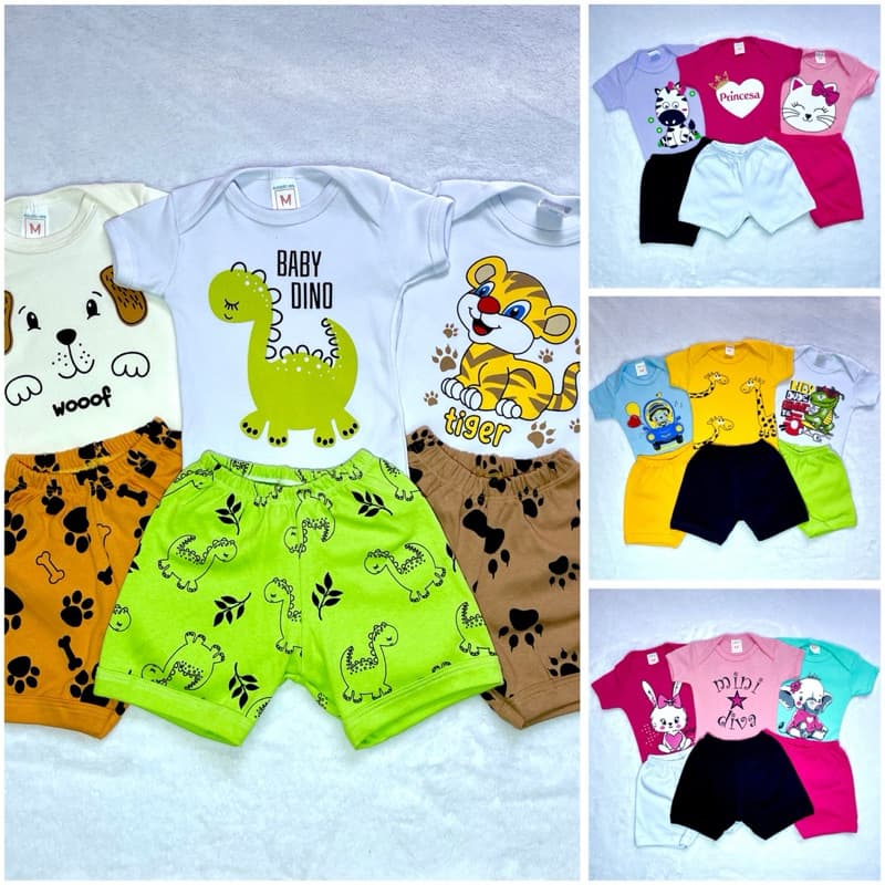 Kit 6 Peças De Roupa Infantil Menino e Menina (3 Body + 3 Shorts) || Malha Suedine 100% Algodão