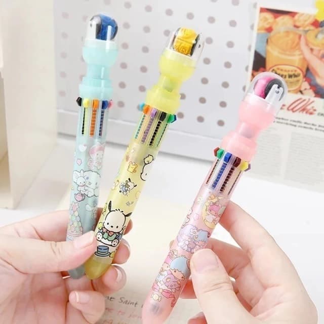 Caneta Sanrio com 10 Cores e Carimbo Roller