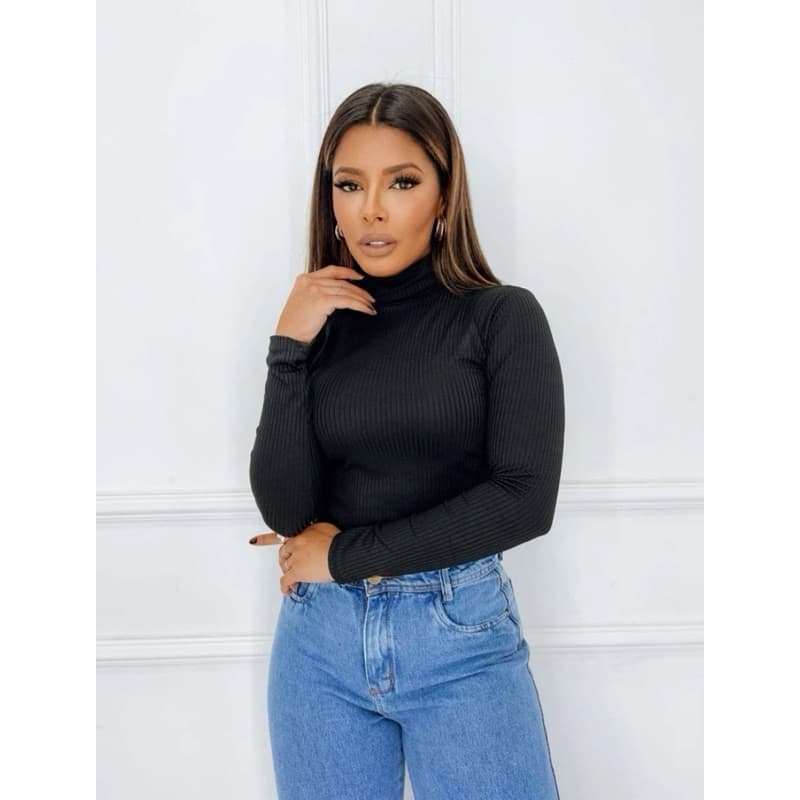 Blusa Feminina Gola alta Cacharrel Canelada Manga Longa Segunda Pele Collant Sem Bojo