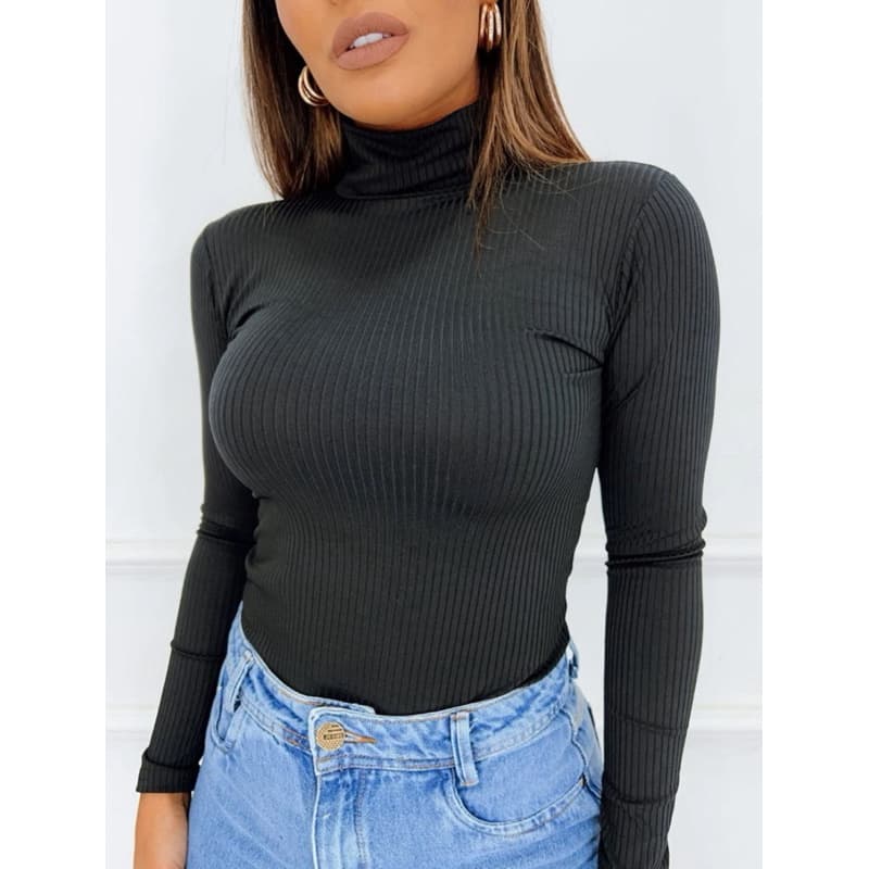 Blusa Cacharréu Feminina Manga Longa Gola Alta Elegante Trabalho Estilo Casual Chic Meia Estação Básica