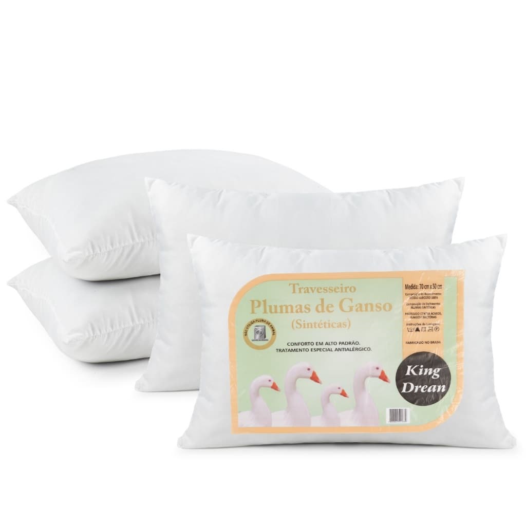 Kit 4 Travesseiro Pluma de Ganso Toque Suave Antiacaro 70cm x 50cm Macio