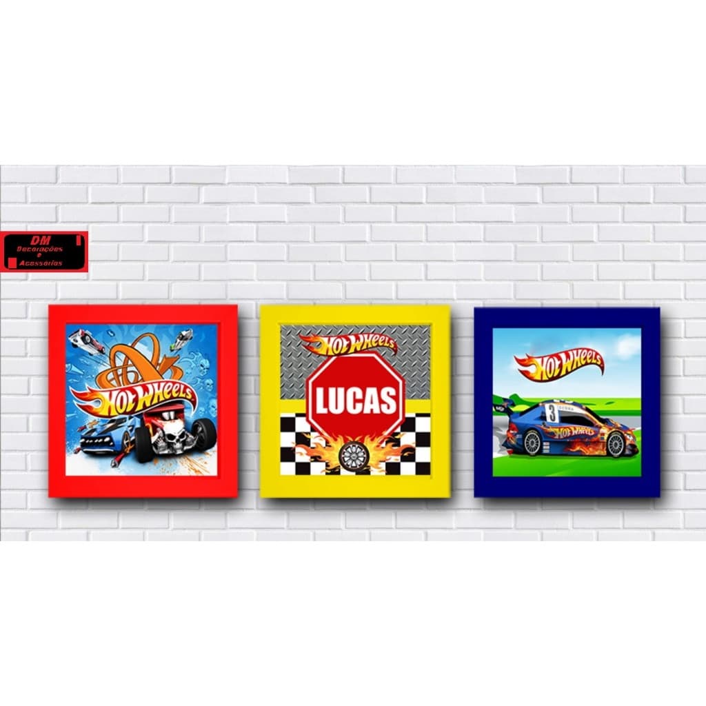 Quadros Carros Hot Wheels Infantil Com Nome Personalizado 3 Peças