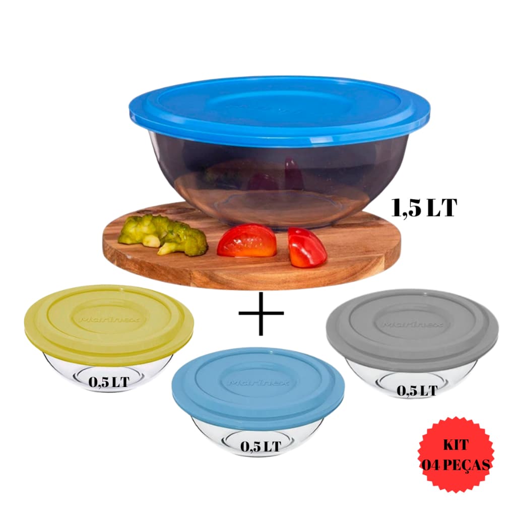 Jogo Kit 04 Tigela Astral 0,5+1,5LT Com Tampa Vidro Marinex Redonda Refratário Bowl Multiuso Conjunto Porta Mantimentos Saladeira Pote
