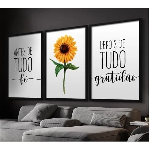 Quadro Decorativo 3 Peças Girassóis Flores Amarelas Sala Quarto Cozinha Parede Decoração