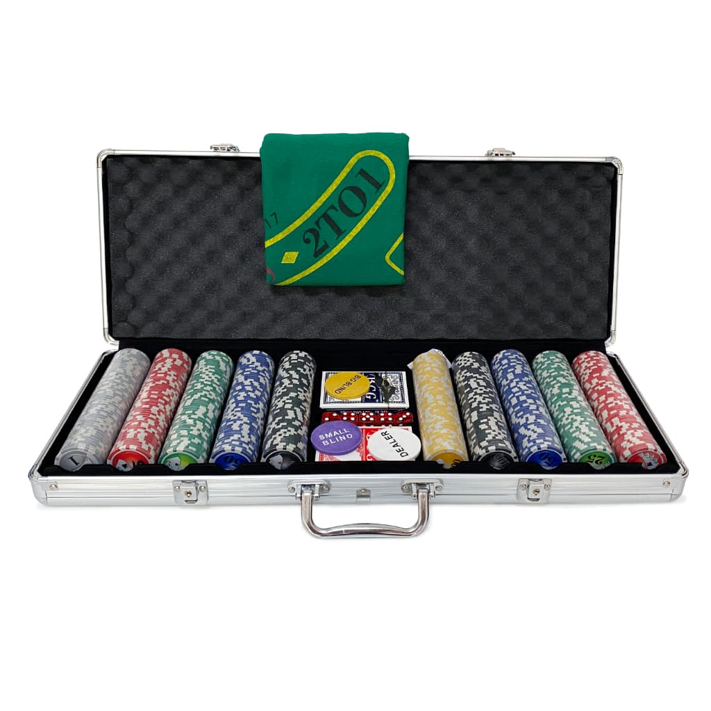 Kit Jogo De Poker 500 Fichas Oficiais Numeradas Com 2 Baralhos + Toalha Verde