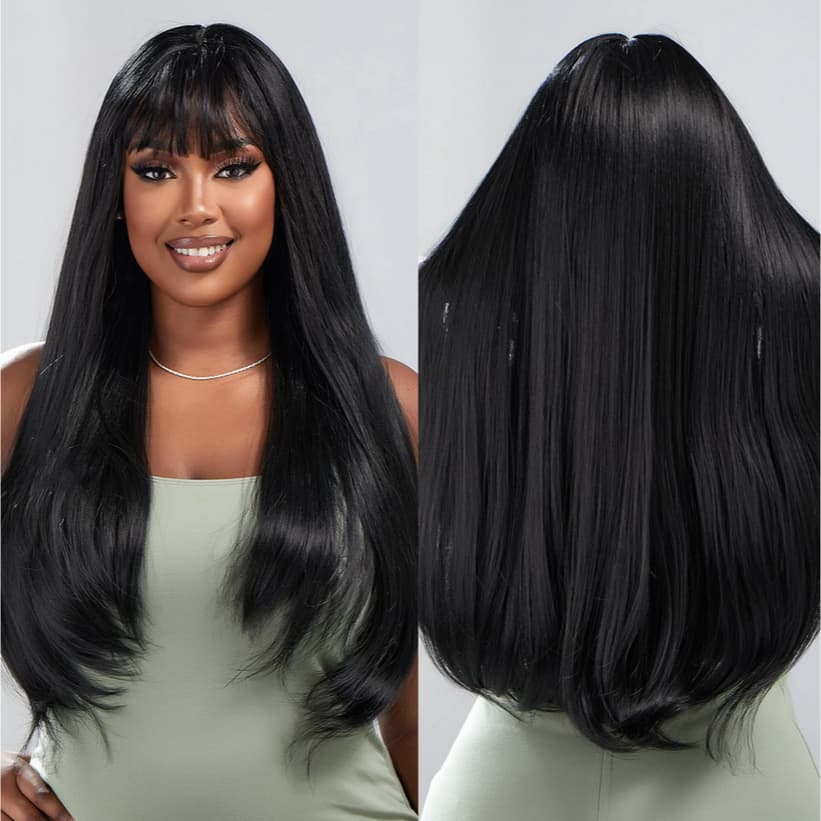 Peruca Lace Wig Lisa Com Franja Preta Fibra Organica Premium 65cm
