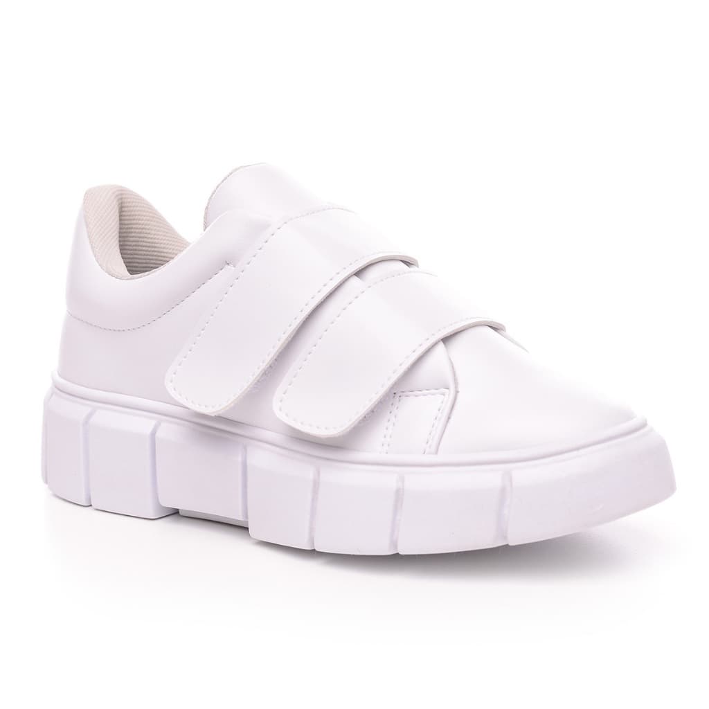 Tênis Feminino Branco Facil de Calçar 2 Tiras de Velcro Confortável Leve Promoção
