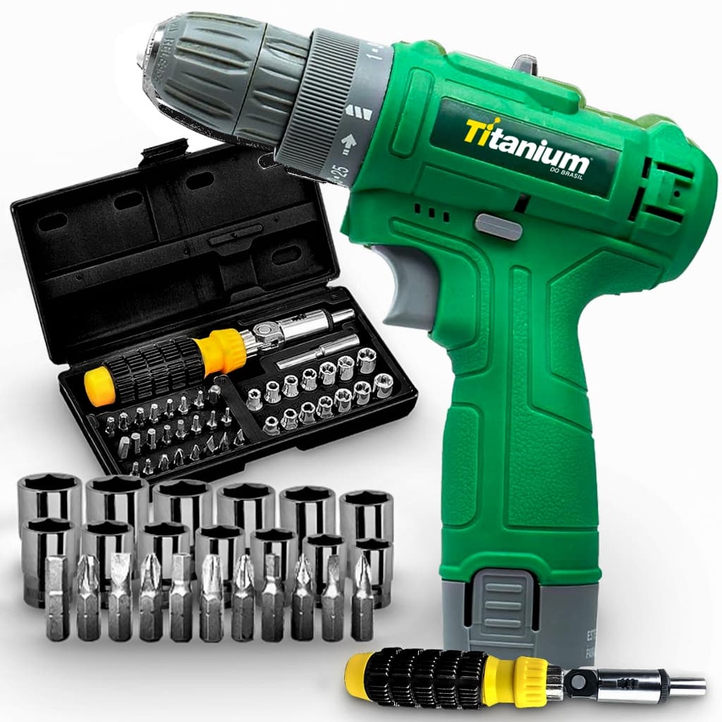 Kit Parafusadeira Furadeira Bateria 3/8 12v Bivolt + 41 Peças Chave Catraca Fenda Philips Soquetes