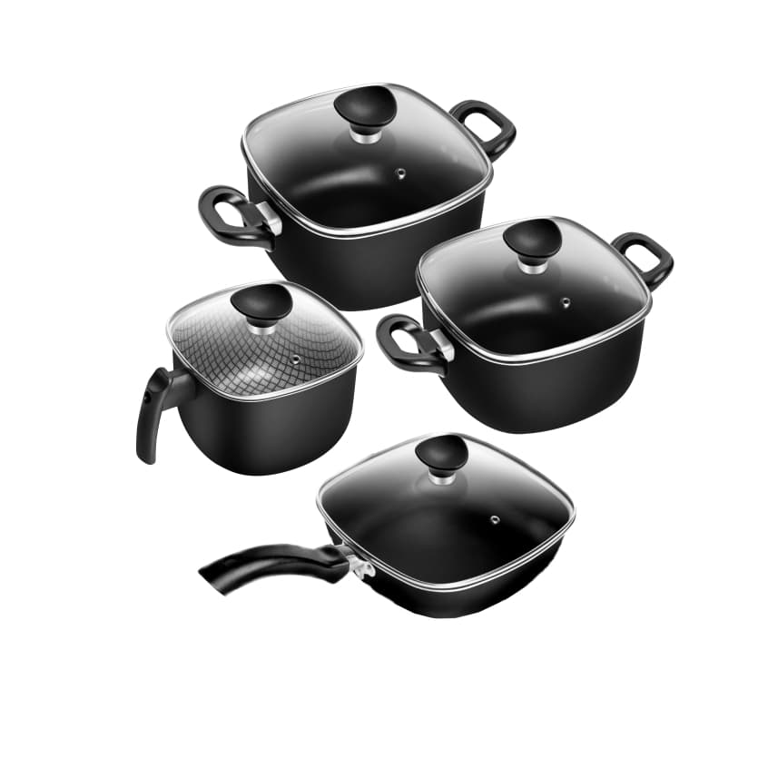 Conjunto de 4 Peças Antiaderente MasterFlon Preto - Caçarola N° 21/19 + Frigideira N°19 com Tampa de Vidro + Caneco N°15