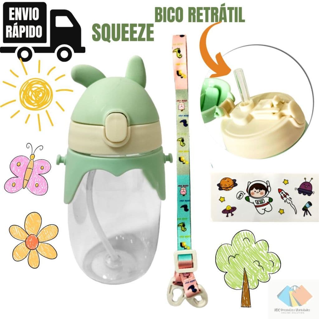 Garrafinha Infantil Squeeze Com Canudo e Bico Retrátil Menino Menina Com Adesivo Prendedor 420 ml Lancheira Escola