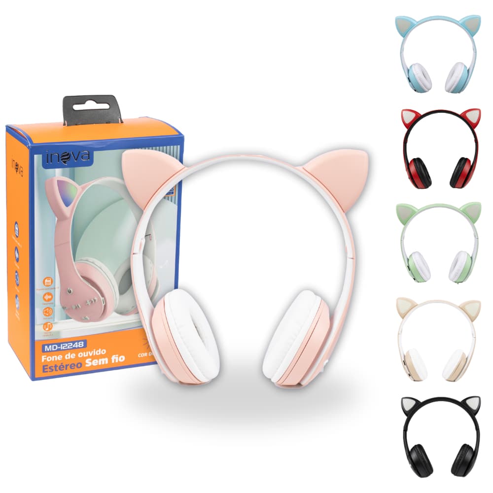 Fone De Ouvido Orelha Orelinha Gatinho Gato S/ Fio Bluetooth Headphone Led