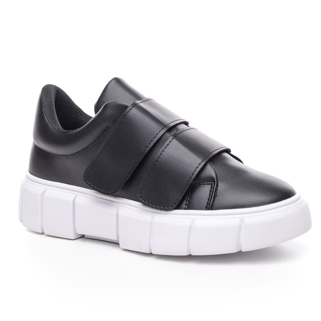 Tênis Feminino Preto Facil de Calçar 2 Tiras de Velcro Confortável Leve Promoção