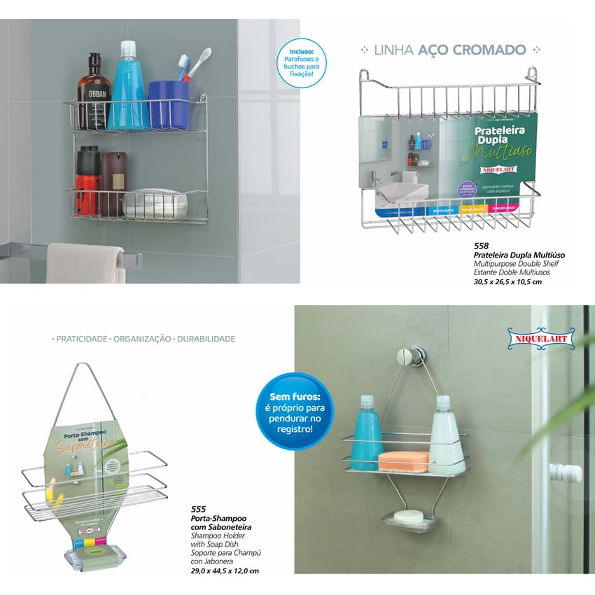 Porta Shampoo Com Saboneteira Para Registro Prateleira Dupla Banheiro Área De Serviço Organizador Niquelart