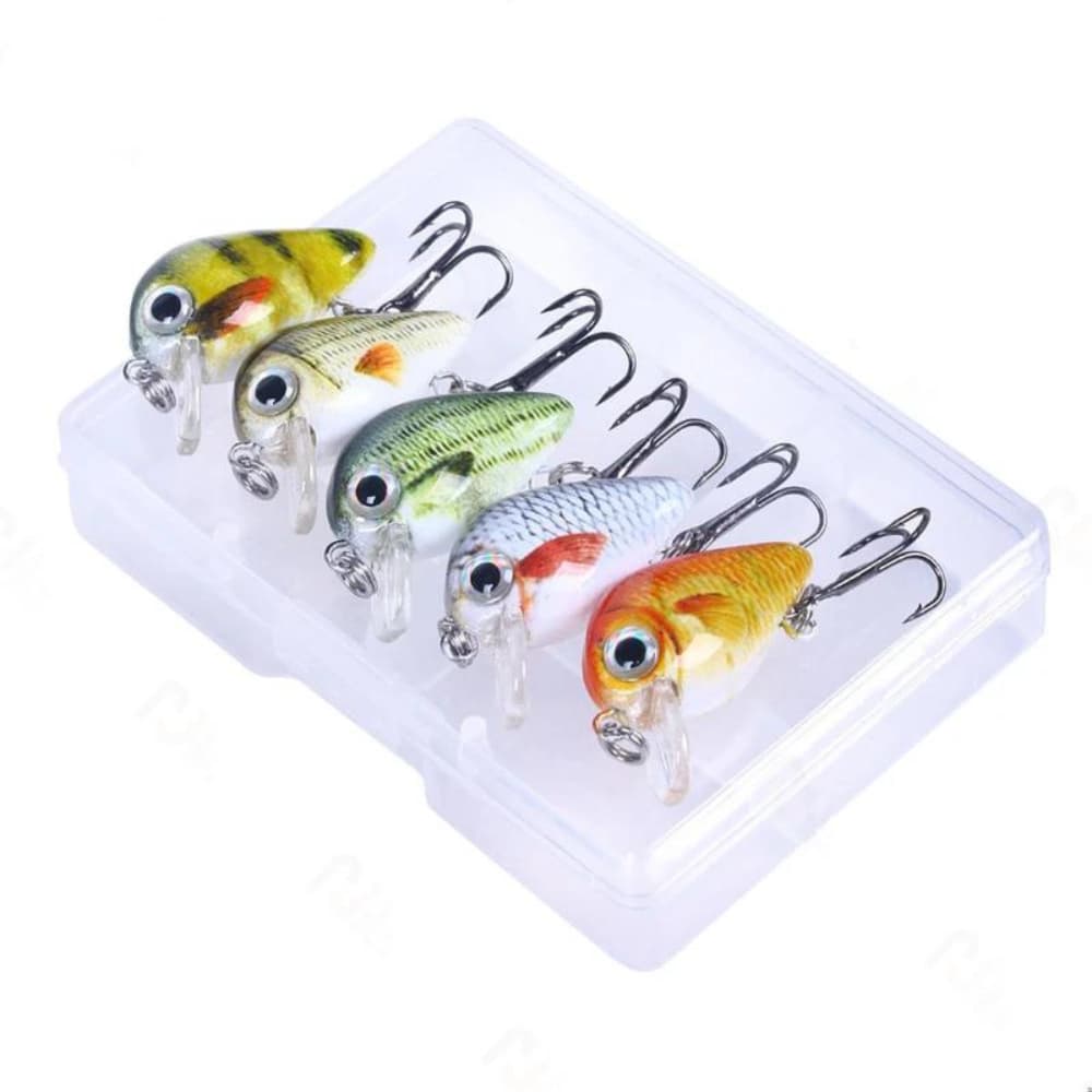 Kit 5 Mini Isca Superfície Crankbait Wobbler 3cm 1,5g  + Caixa Pesca Isca Artificial