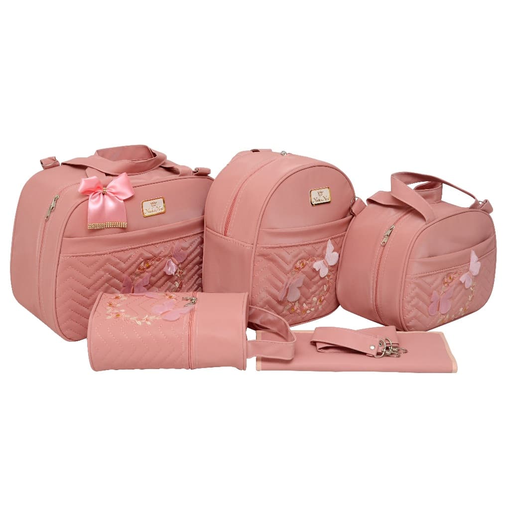 Kit Bolsa Maternidade Menina tema Borboleta Com Mochila 5 Peças Rose Luxo