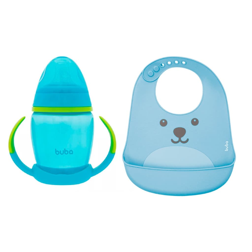 Buba Kit 2un - 1un Babador em Silicone + 1un Copo de Treinamento - Azul