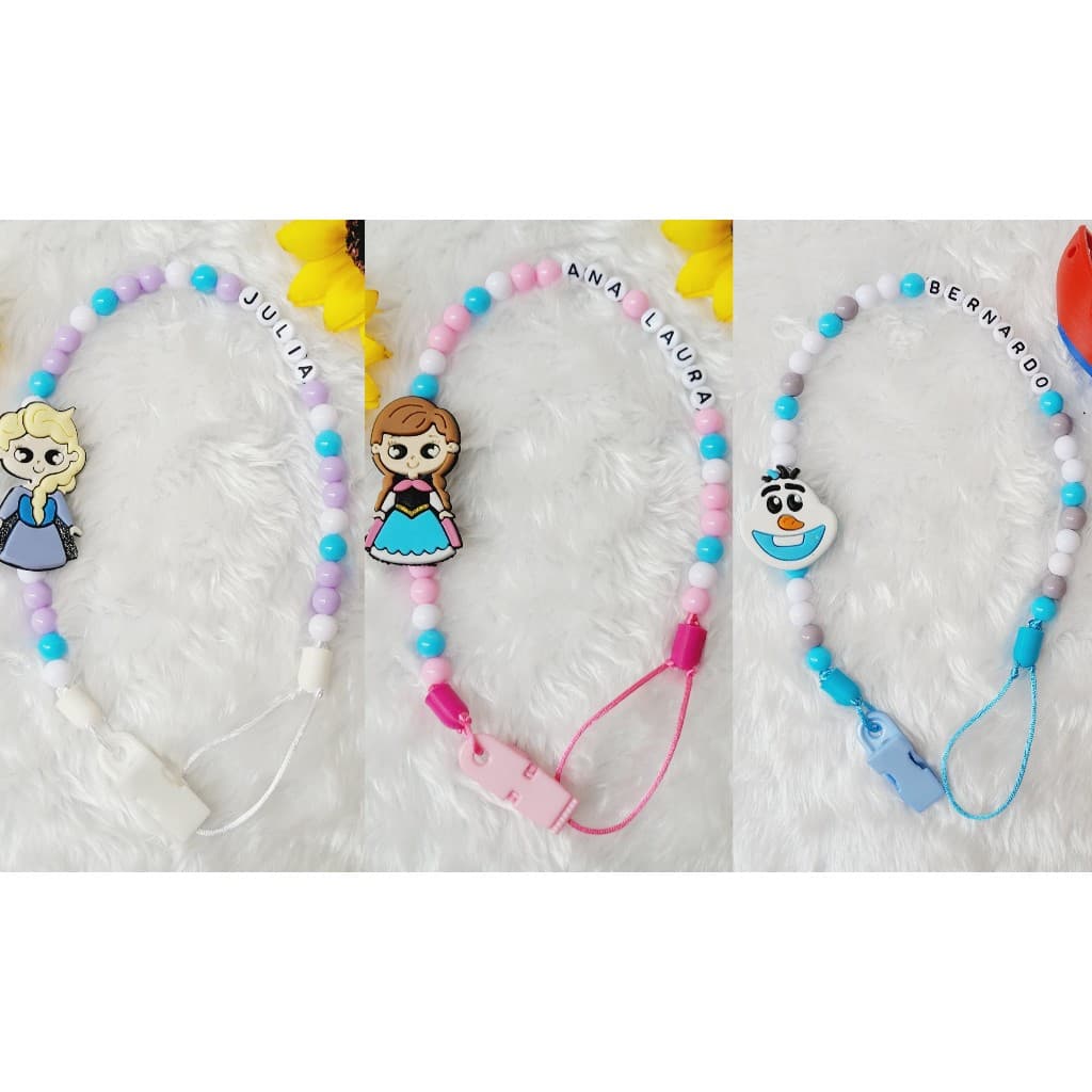 Prendedor de chupeta Princesa Frozen personalizado com o nome do bebê