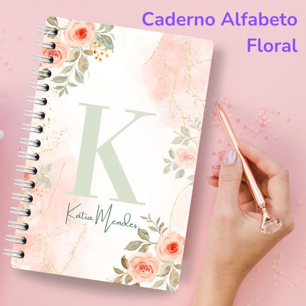 Caderno Personalizado Inicial Feminino Floral  com inicial e nome - A5 - Alfabeto floral