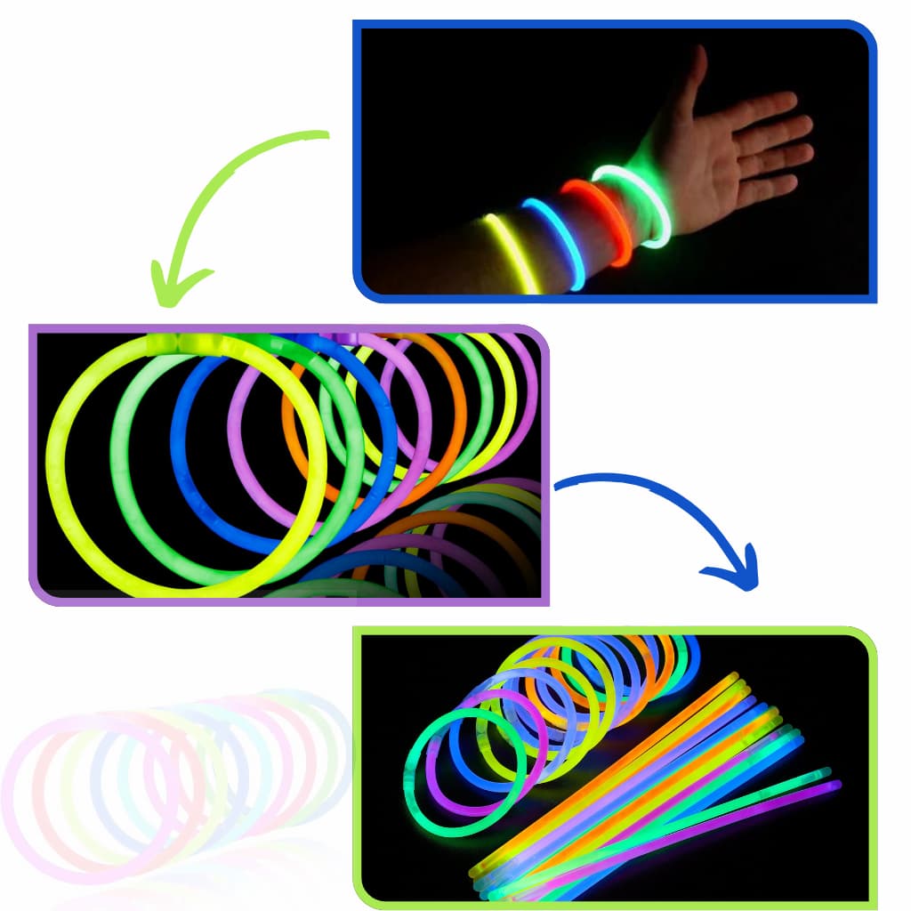 Kit 100 Unidades Pulseiras Neon Alto Brilho Fluorescente Festa Balada Coloridas Brilha no Escuro Acompanha Conectores