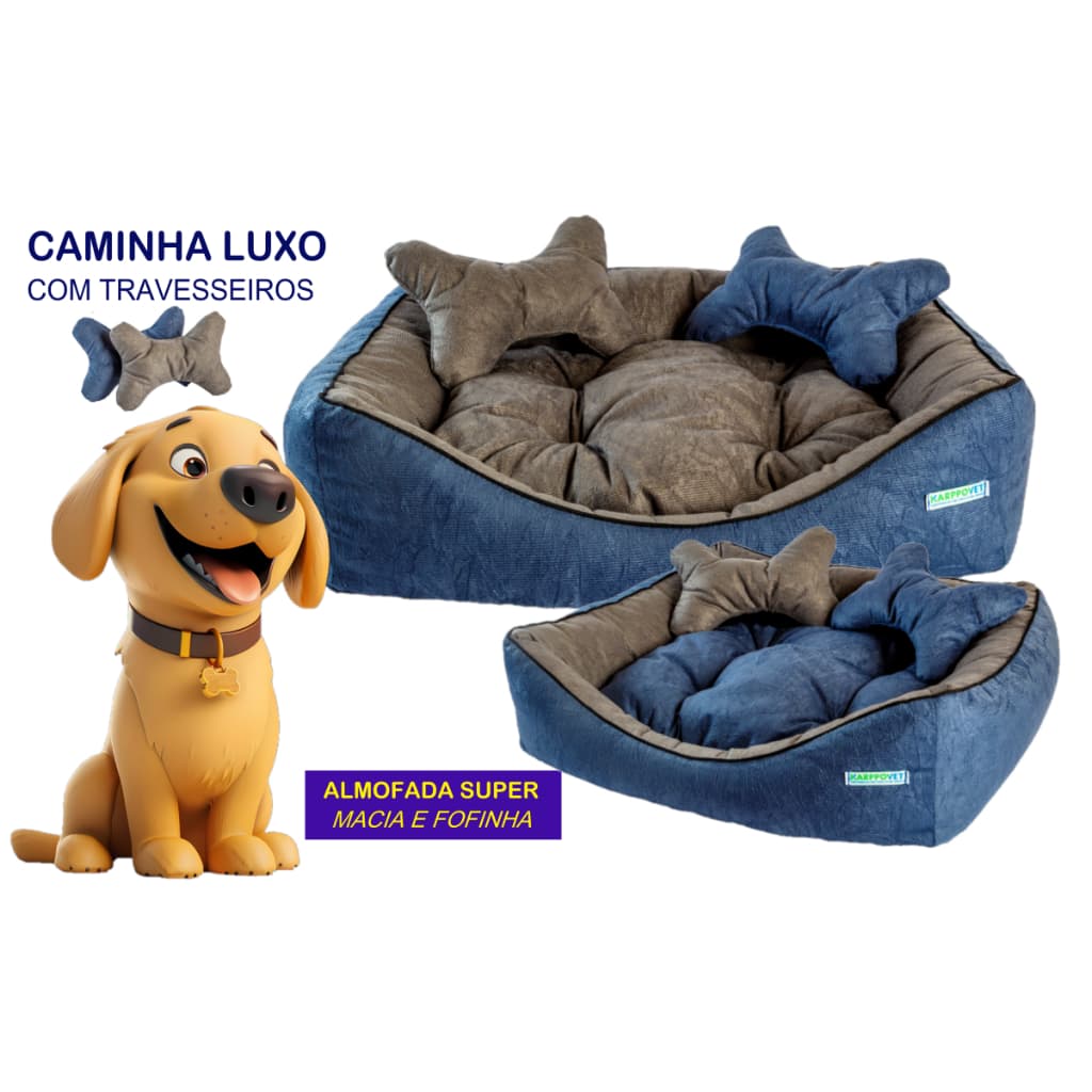 CAMA CAMINHA PET LUXO COM TRAVESSEIROS OSSINHOS CACHORRO GATO TAMANHO P / M / G
