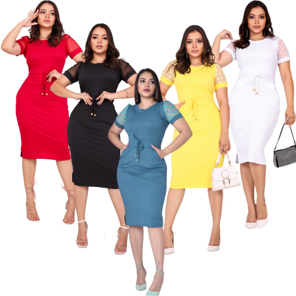 Vestido Mídi Feminino Malha Canelada Manga Curta Tule Moda Evangélica Social Clássico Plussize