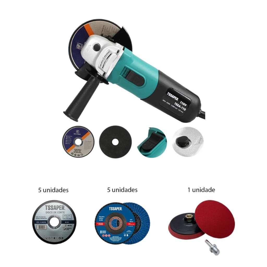 Esmerilhadeira e Lixadeira Angular Elétrica 820w - 11000rpm 4.1/2 Tssaper + Discos de Corte e Acessórios