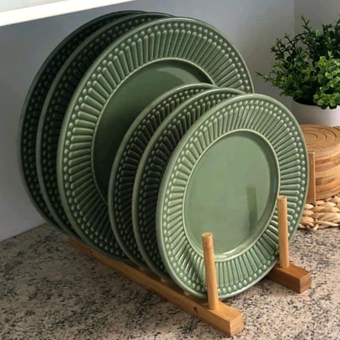 Suporte e Escorredor Luxo Porta Pratos e Copos De Bancada De Bambu 6 Divisórias