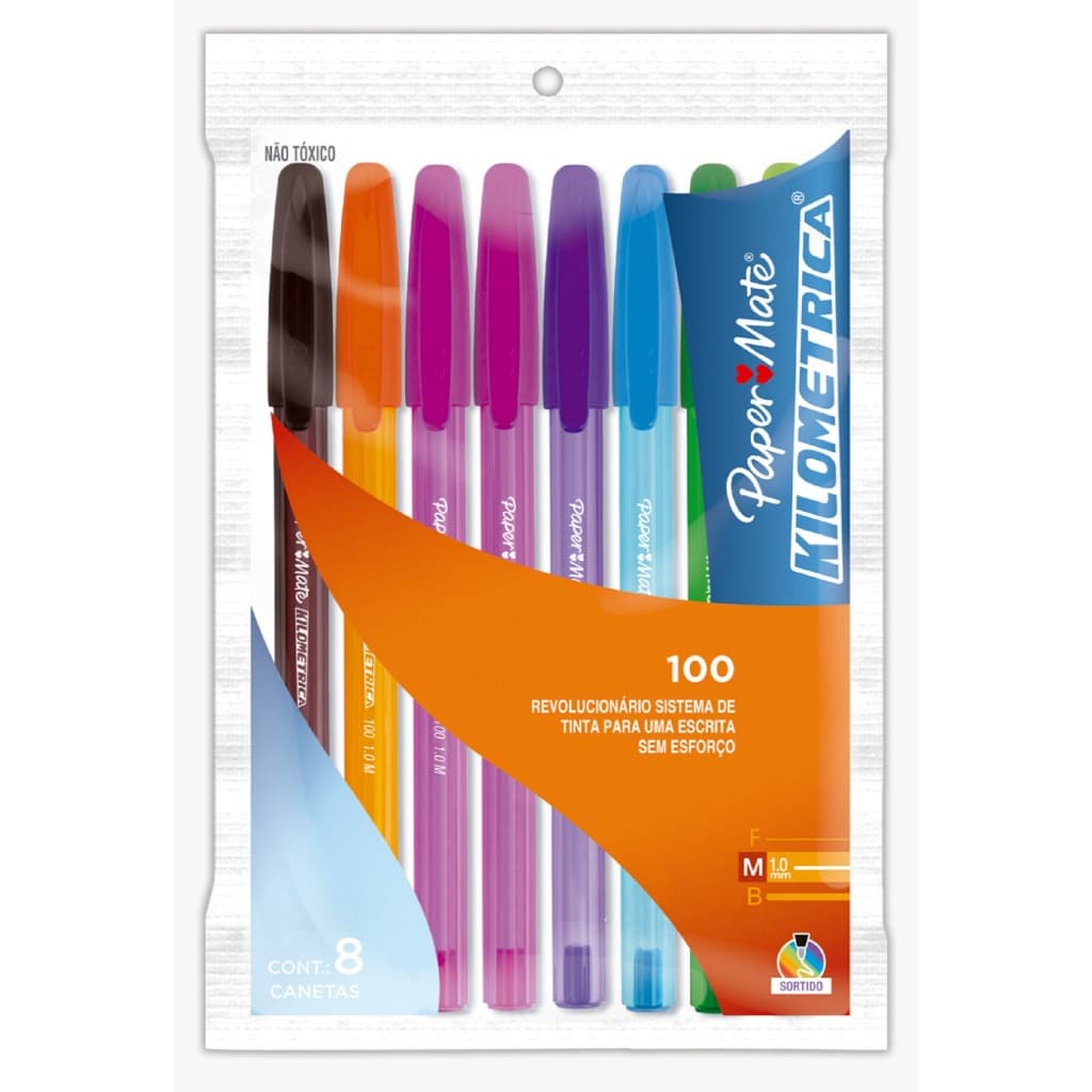Kit 8 Caneta Esferográfica 1.0mm Paper Mate Kilometrica Colorida