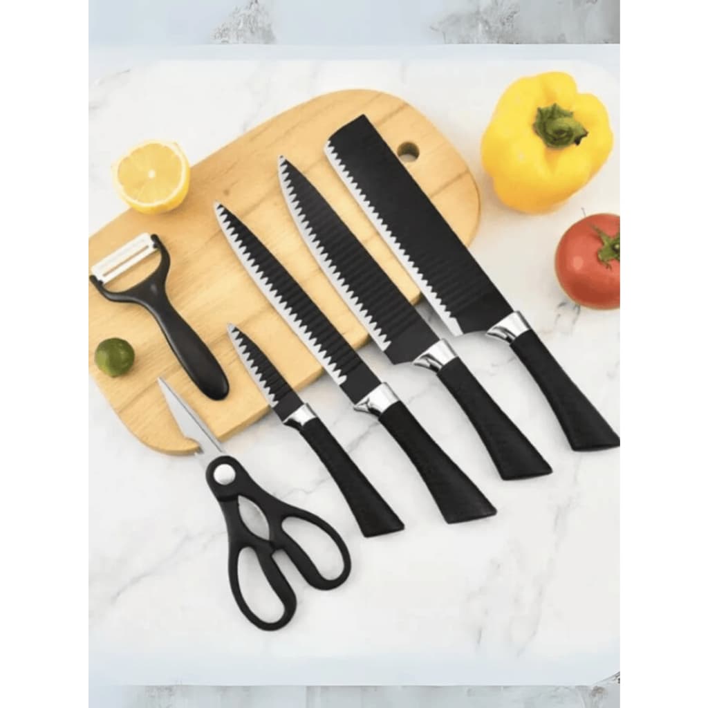 Conjunto de Facas 6 Pçs com Tesoura e Descascador de Legumes Jogo De Facas Kit 6 Peças Para Chef Cozinha Aço Inoxidável Gourmet Linha Premium