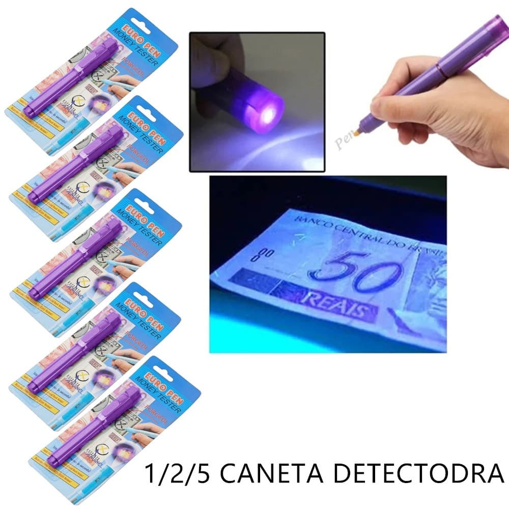 Kit 1 / 2 / 5 Caneta Testadora de Dinheiro Teste Detector de Nota Falsa Tina + luz UV