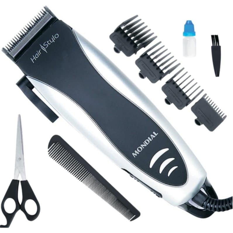 Maquina De Cortar Cabelo Mondial CR-02 Maquininha Raspa Apara Cortador 4 Pentes Alavanca D Ajuste Lamina Aço 10w Com Fio