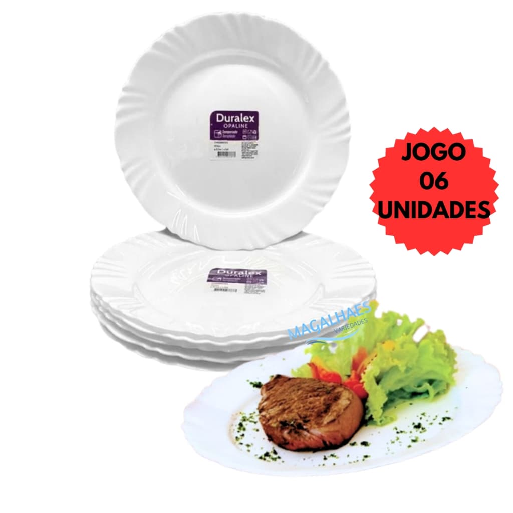 Conjunto 06 Pratos Raso Vidro Branco Pétala Duralex Resistente Cozinha Porcelana Formato Borda Ondulada Almoço Platos