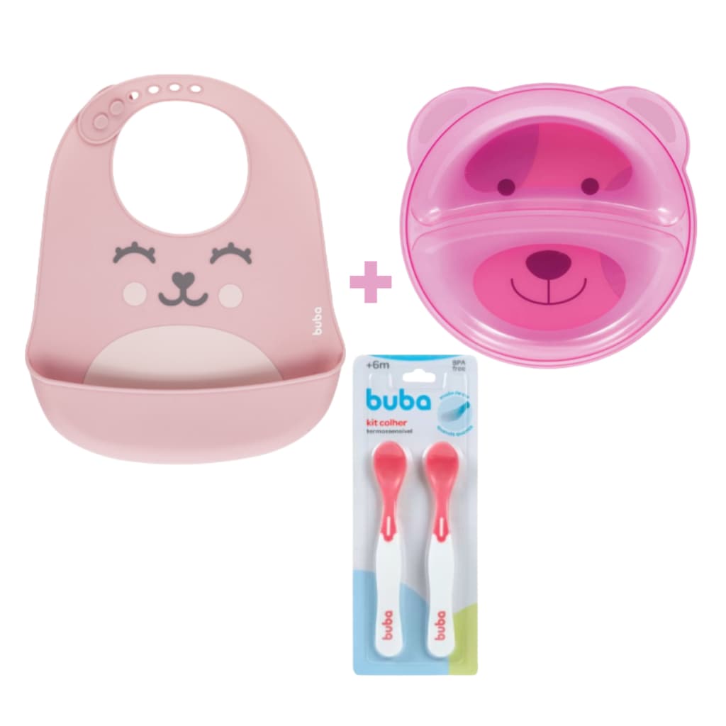 Kit Alimentação Bebê Buba Introdução Alimentar Prato Bebê Babador de Silicone Colher Treinamento