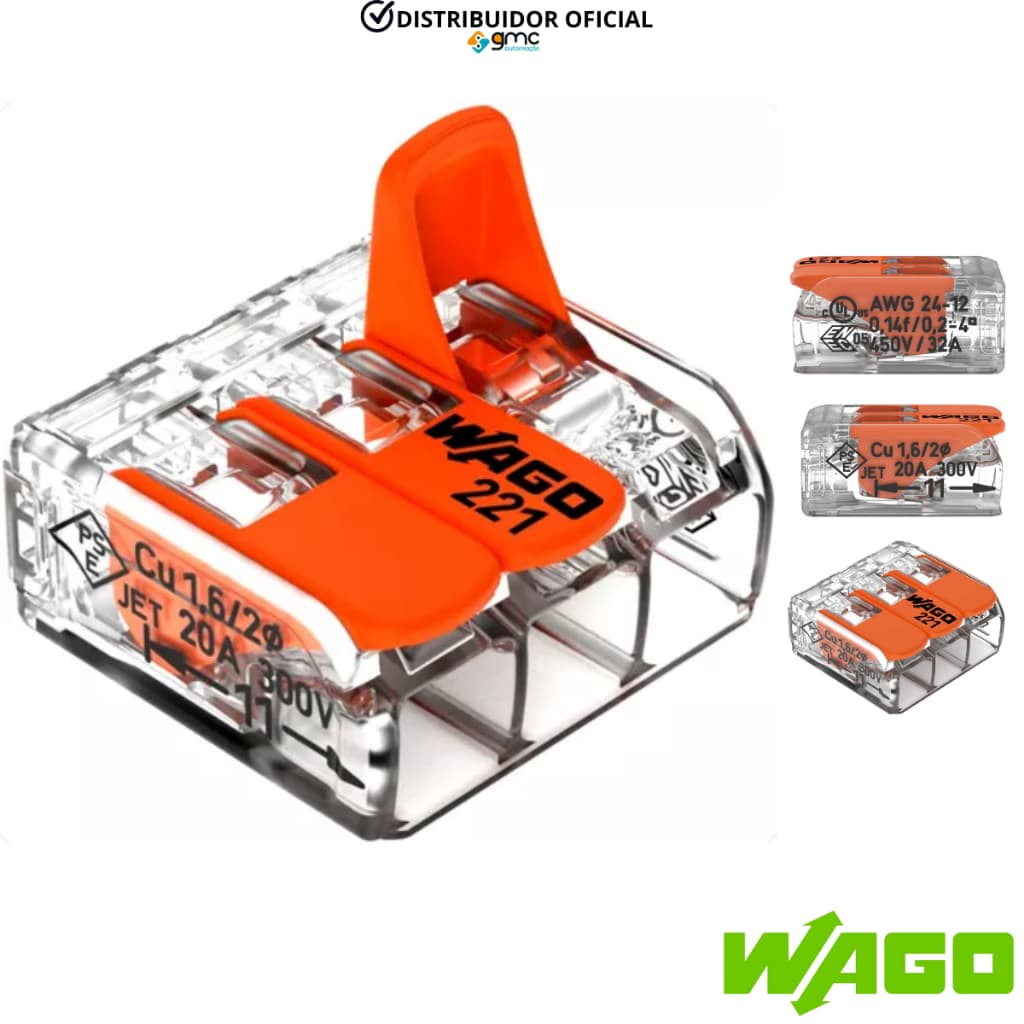 Kit Conector Emenda Para fios 0,14mm-4mm 3 Polos Wago 221-413 - 10 unidades