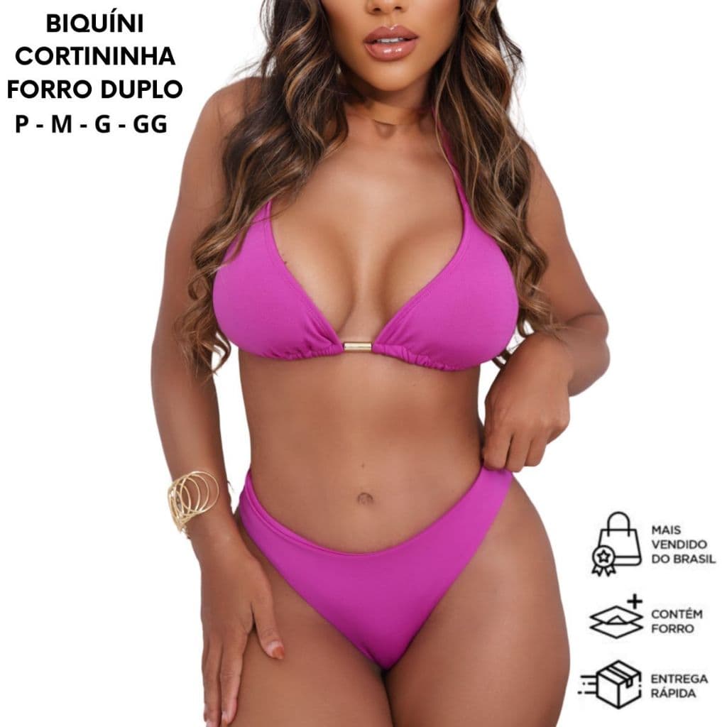 Conjunto Biquíni Feminino Fio Duplo Top Cortininha Com Forro Duplo