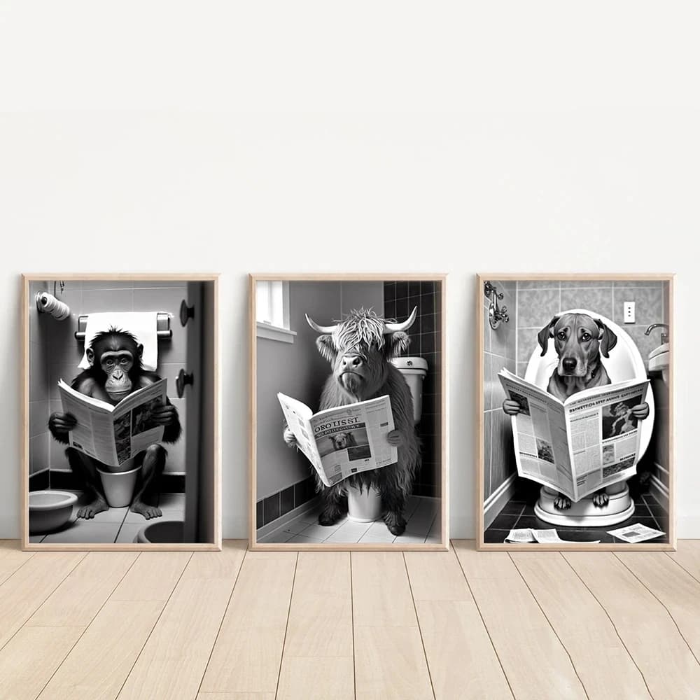 Quadro Parede Animais Engraçados Para banheiro boi gato cachorro macaco