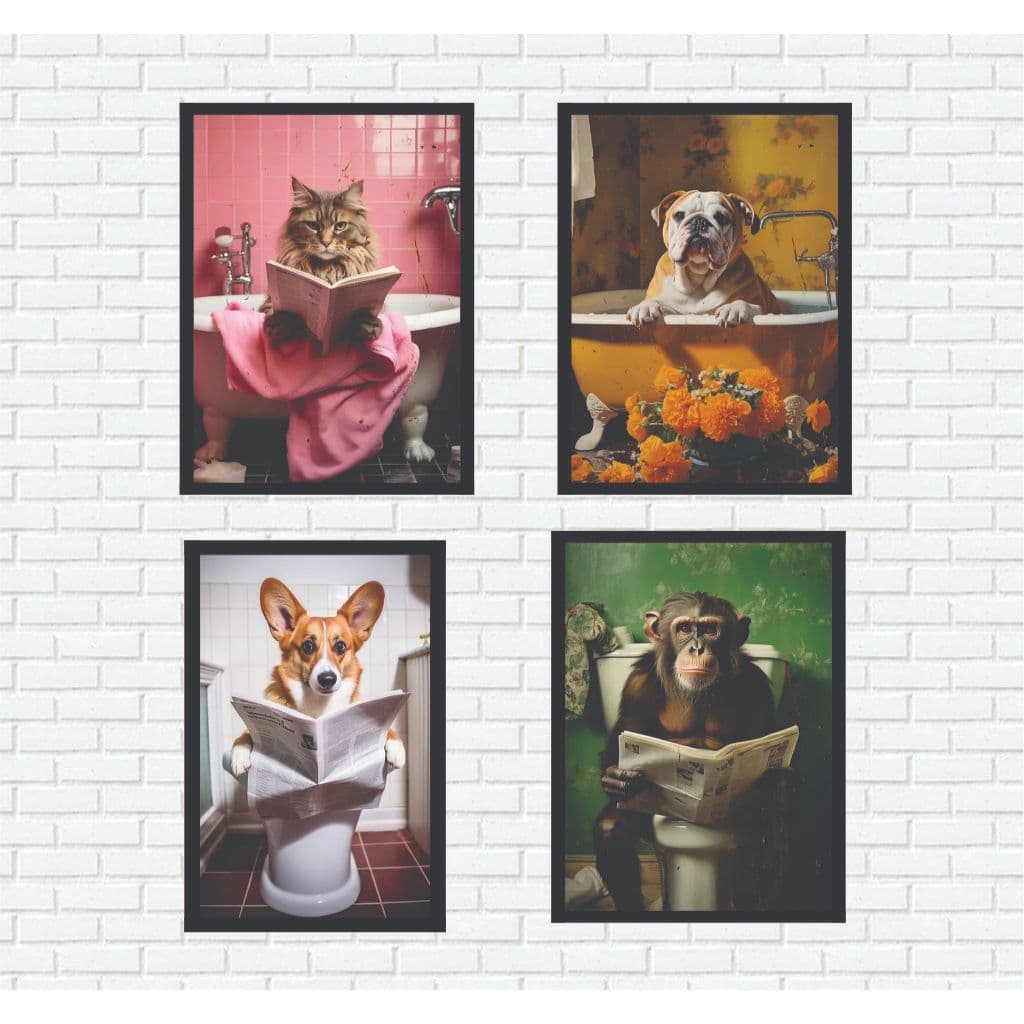 Quadro decorativo Animais no Banheiro Lendo Jornal Engraçado 30x40 cm