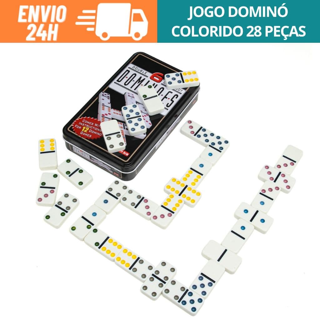 Jogo Dominó Com Marcações Coloridas Divertidas Peças Grandes Resinado Estojo Em Lata