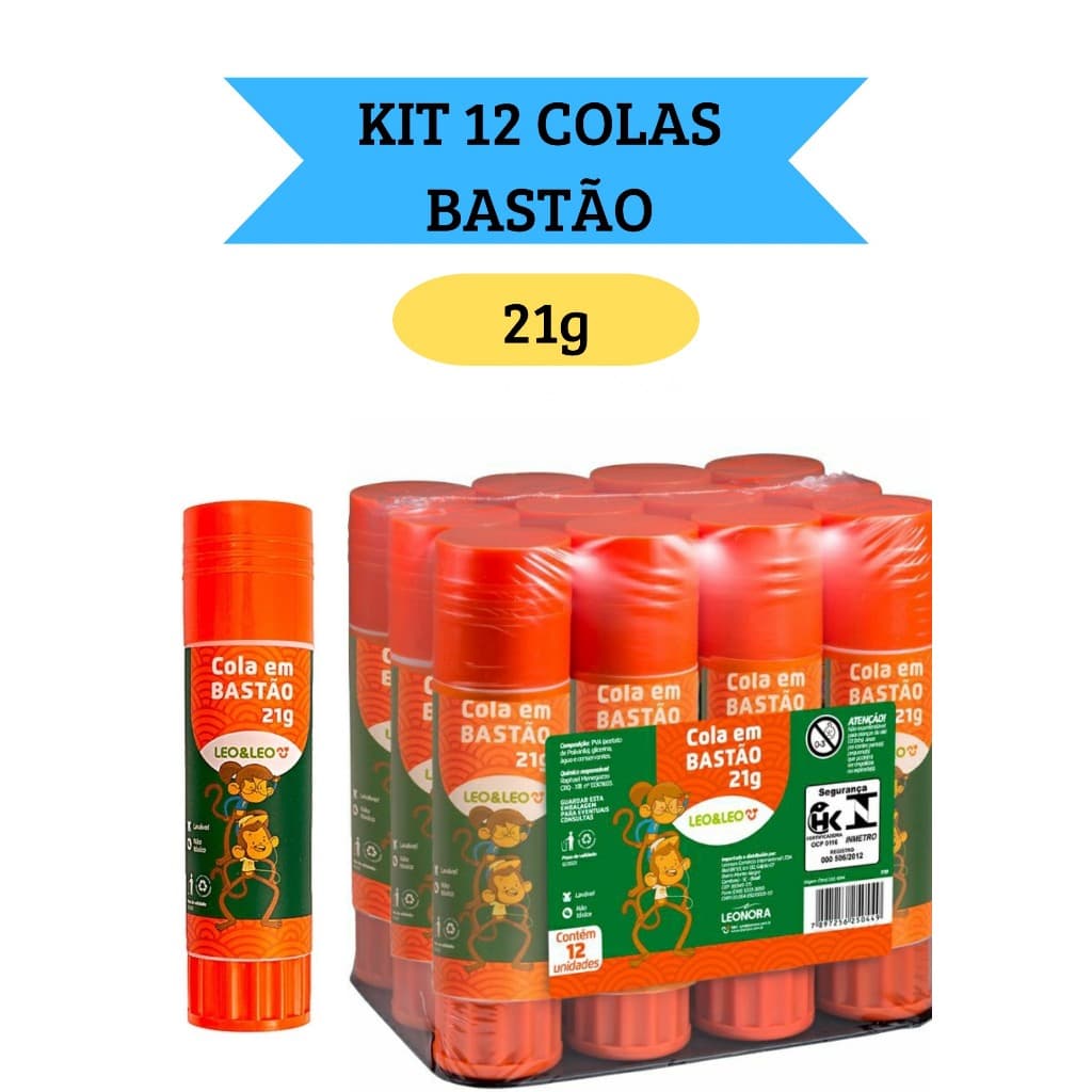 Kit 12 Colas em Bastão Escolar 21g  Escritório Artesanato Leo&Leo