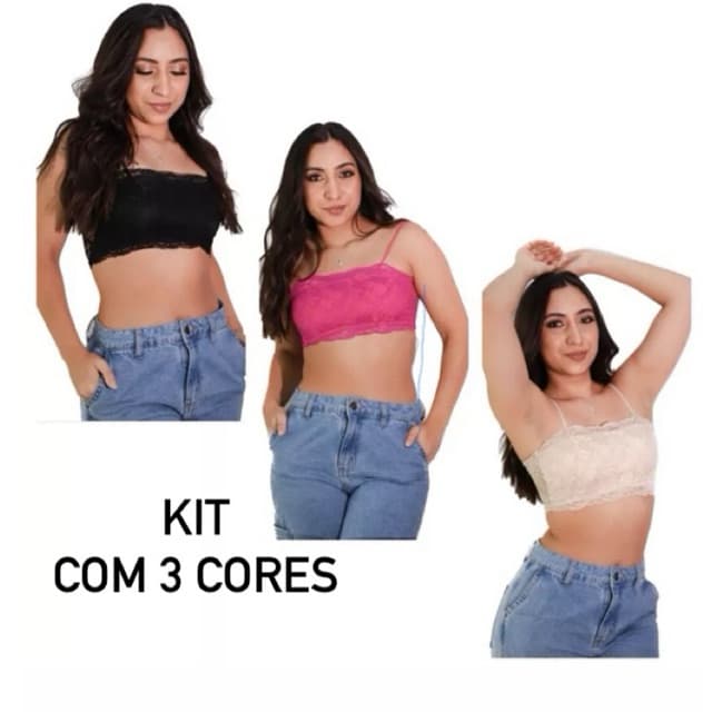 kit com 3 Top Faixa Renda Sem Bojo Cropped Rendado Moda Blogueira