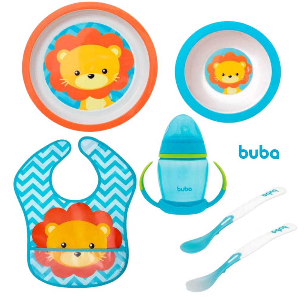 Kit Introdução Alimentar Buba com Babador impermeável, Prato raso, pratinho fundo, colher bebê buba , copo treinamento