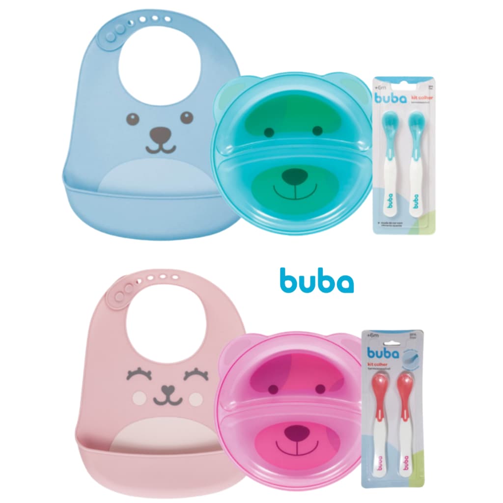 Kit Introdução Alimentar Bebê Buba com Prato Infantil com Divisória, Kit 2 Colheres Termossensível e Babador Silicone