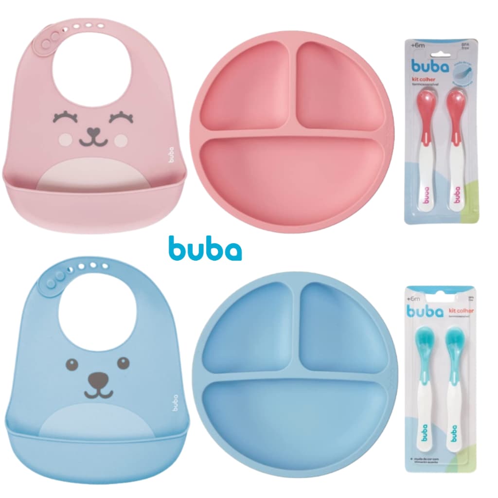 Kit Introdução Alimentar Silicone Buba com Prato de Silicone com Ventosas e Divisória, Babador de Silicone, Colher Buba