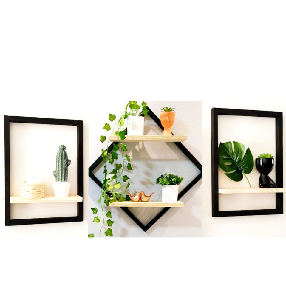 Trio quadro prateleira 1/quadro duplo losango 50cm 2/retângulo 33x30