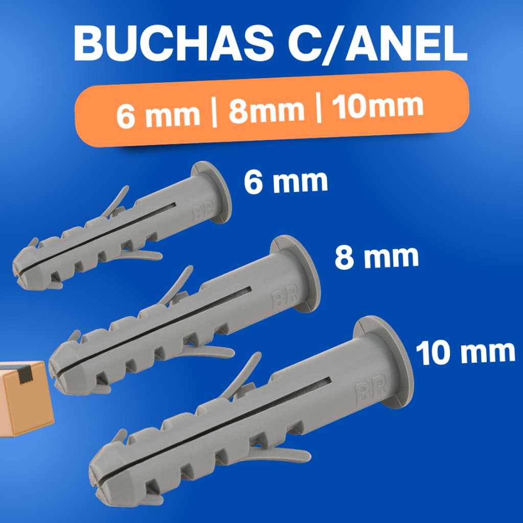 200 Unidades Bucha de Fixação Com Anel Aba - 6mm - 8mm - 10mm VONDER