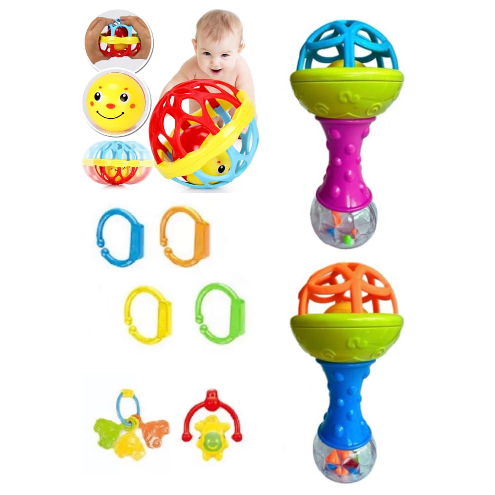 Kit Brinquedos Para Bebê Chocalhos Mordedor Sensorial 5 Peças Brinquedo Infantil Musical Coisas de Bebê Neném Criança Pequena Presente de Aniversário bebe Menino e Menina Natal Chocalho Buba Silicone Macio Avent Borracha Plástico nenê 0 a 6 meses Móbile