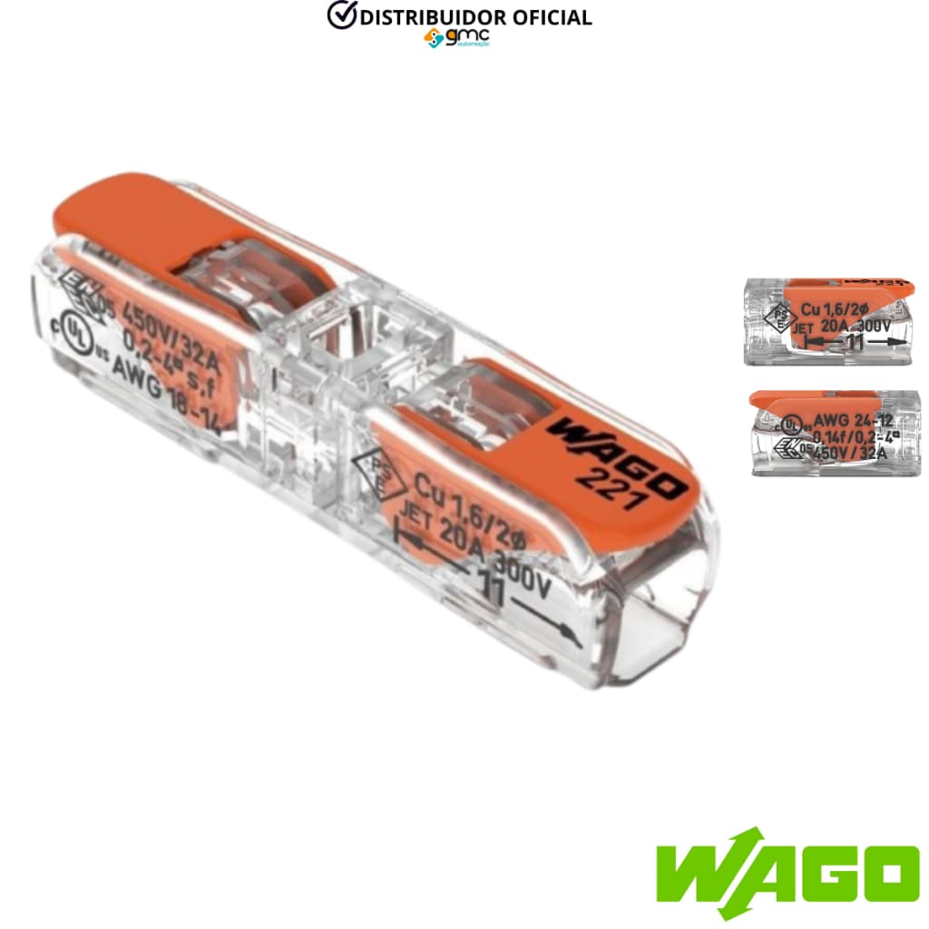 Kit Conector Emenda Para fios 0,2mm-4mm 1 Polo Wago Inline 221-241 10 Peças