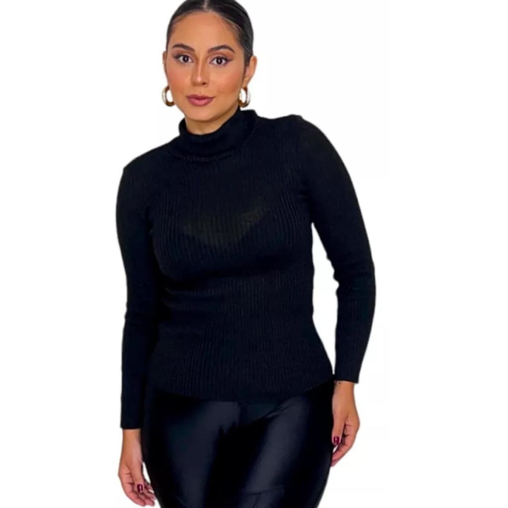 Cacharrel Blusa Tricot Lã Feminina Canelada Gola Alta