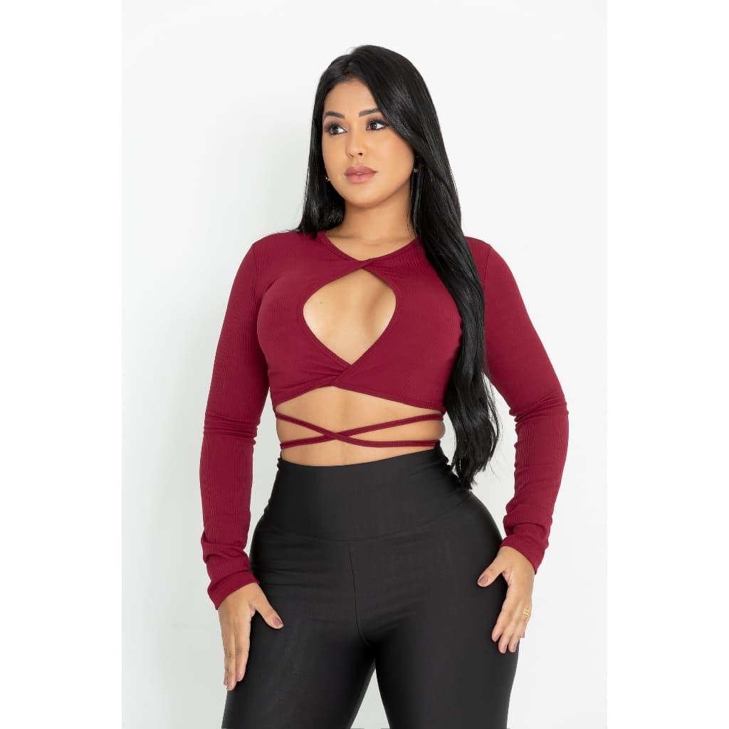 Cropped Manga Longa Feminino Tiras com Decote No Peito